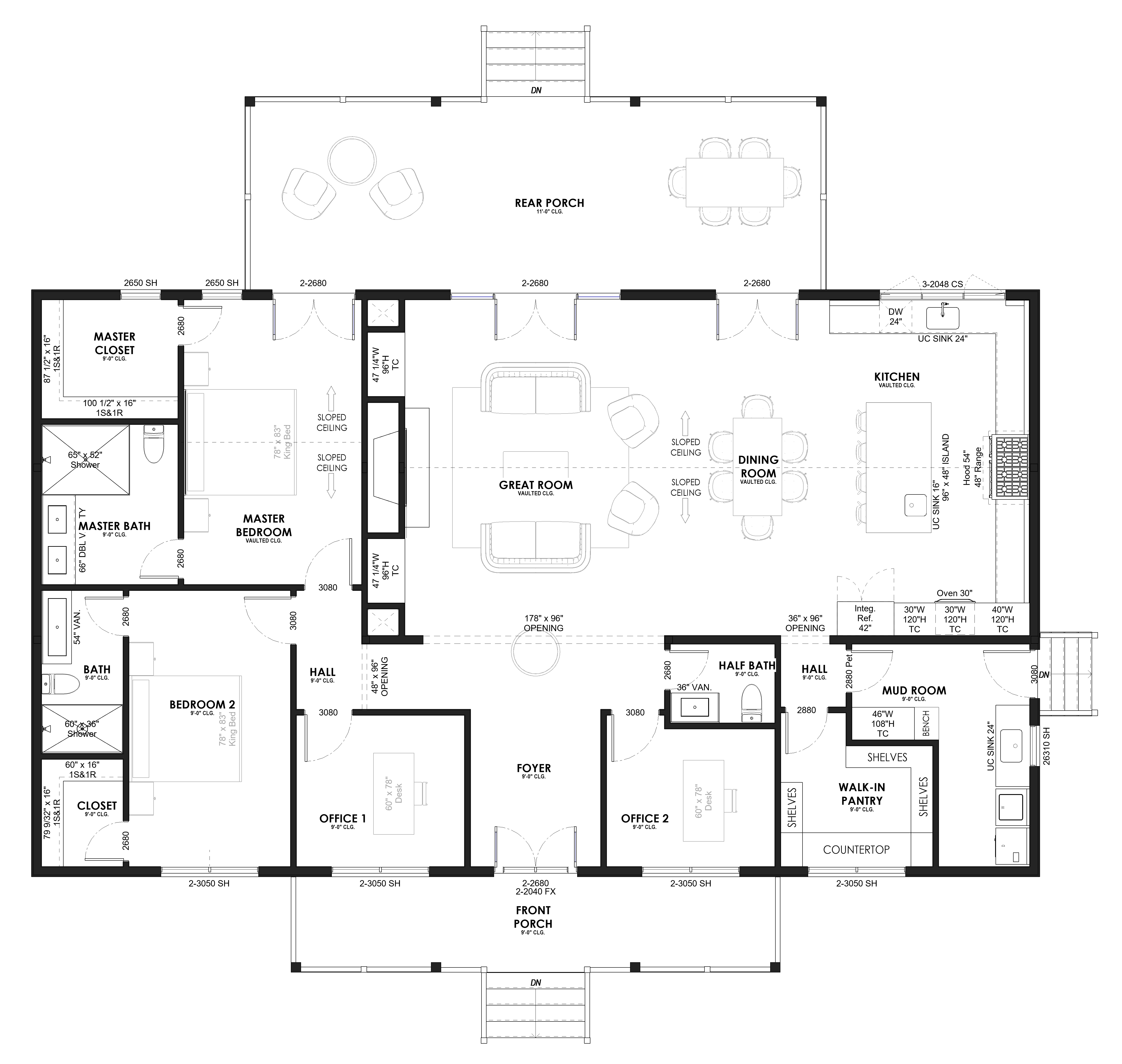 Furnished floor plan of a one-story home with a great room, kitchen, primary suite, one bedroom, two offices, a foyer, and a covered porch