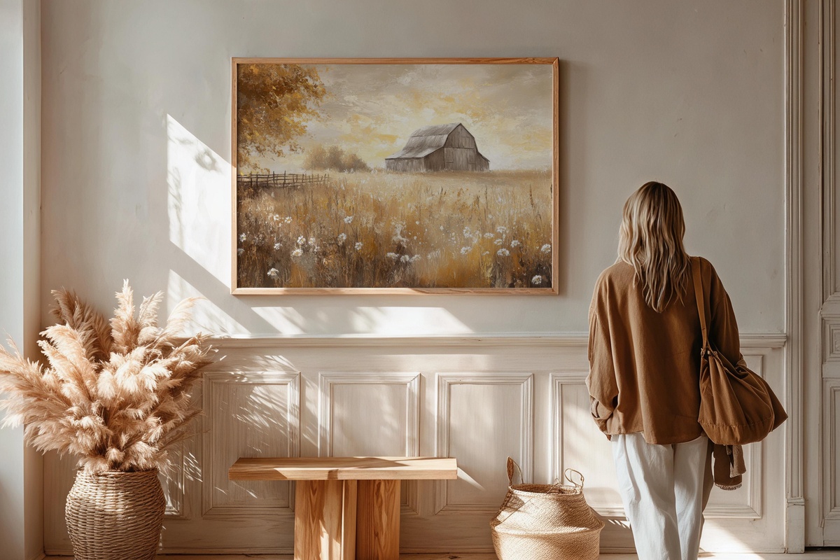 Sunlit Meadow Barn Serenity Farmhouse Printable Wall Art — barn resting in a sunlit meadow