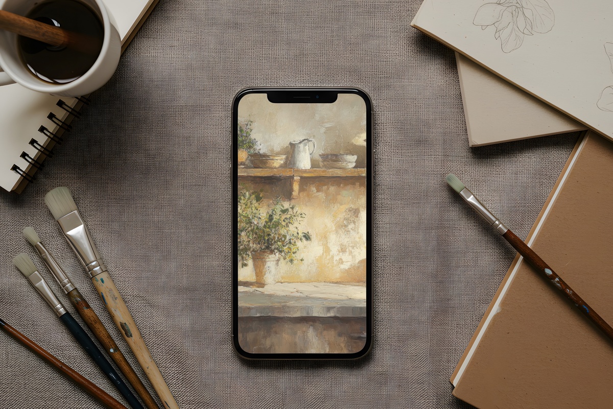 Fresh Herbs in Farmhouse Kitchen iPhone wallpaper with warm earthy herb tones