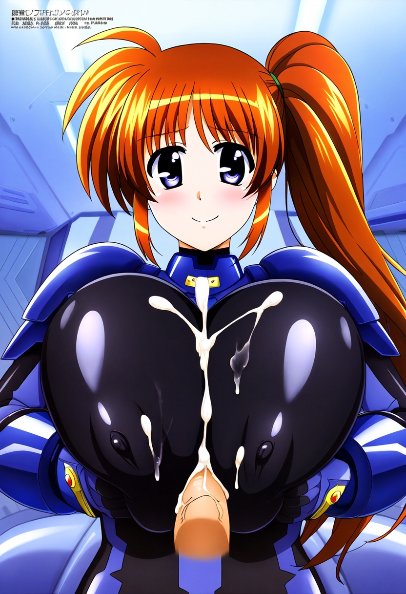 なのはさんズリ by ななな with ai art, Mahou Shoujo Lyrical Nanoha StrikerS, nanoha takamachi, huge breasts, tight bodysuit, paizuri, clothed paizuri