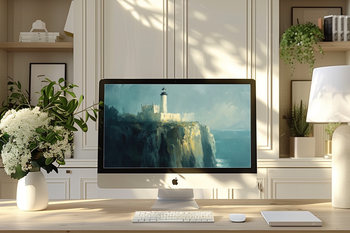 Beacon's Soft Embrace vintage desktop wallpaper with coastal cliffs and lighthouse