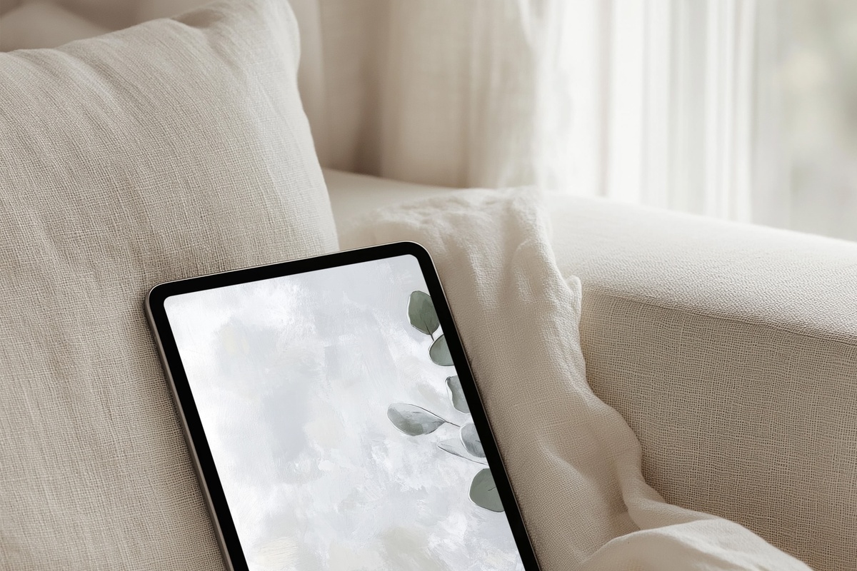 Glass-Held Eucalyptus Grace iPad Wallpaper — eucalyptus stems in a glass vessel, soft botanical tones