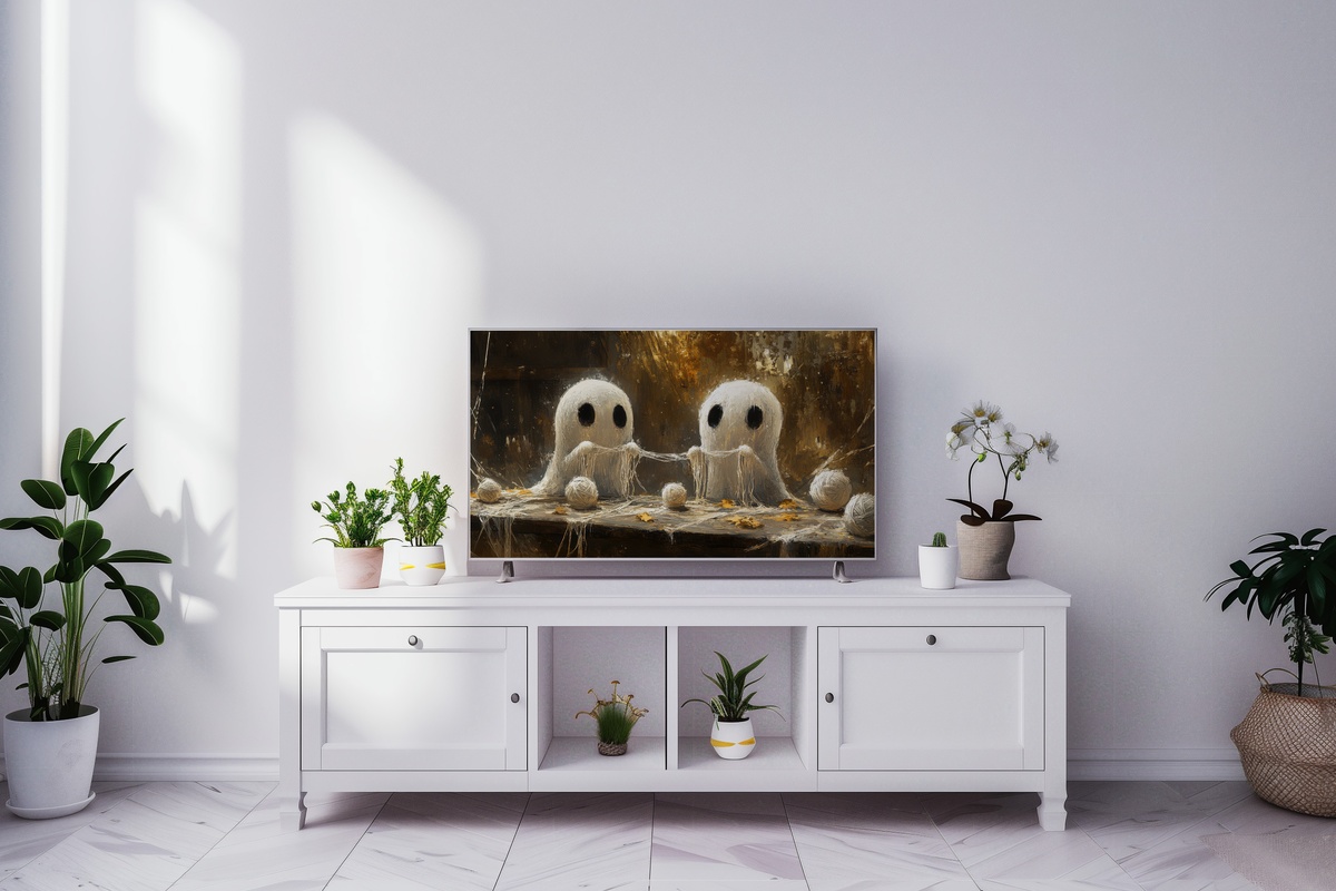 Ghostly Knitters in Cozy Scarves Halloween Frame TV Art