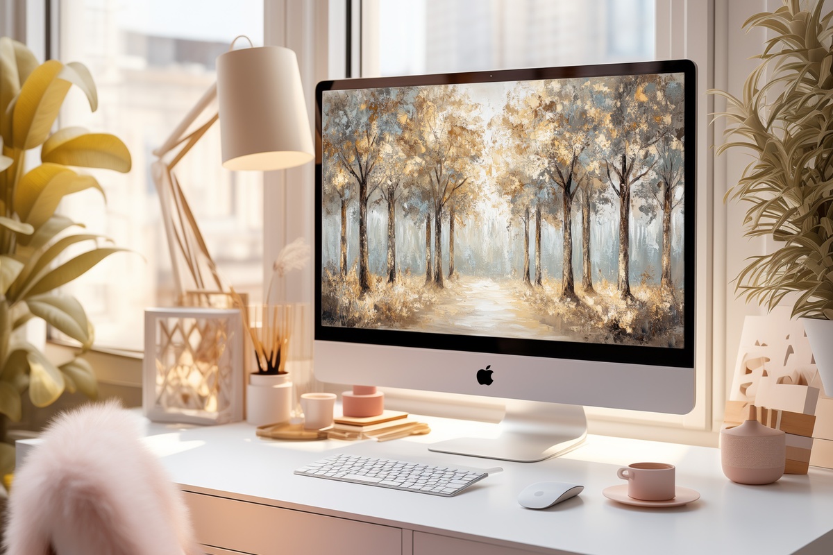 Echoes in Enchanted Woodlands vintage desktop wallpaper with ancient impressionist grove