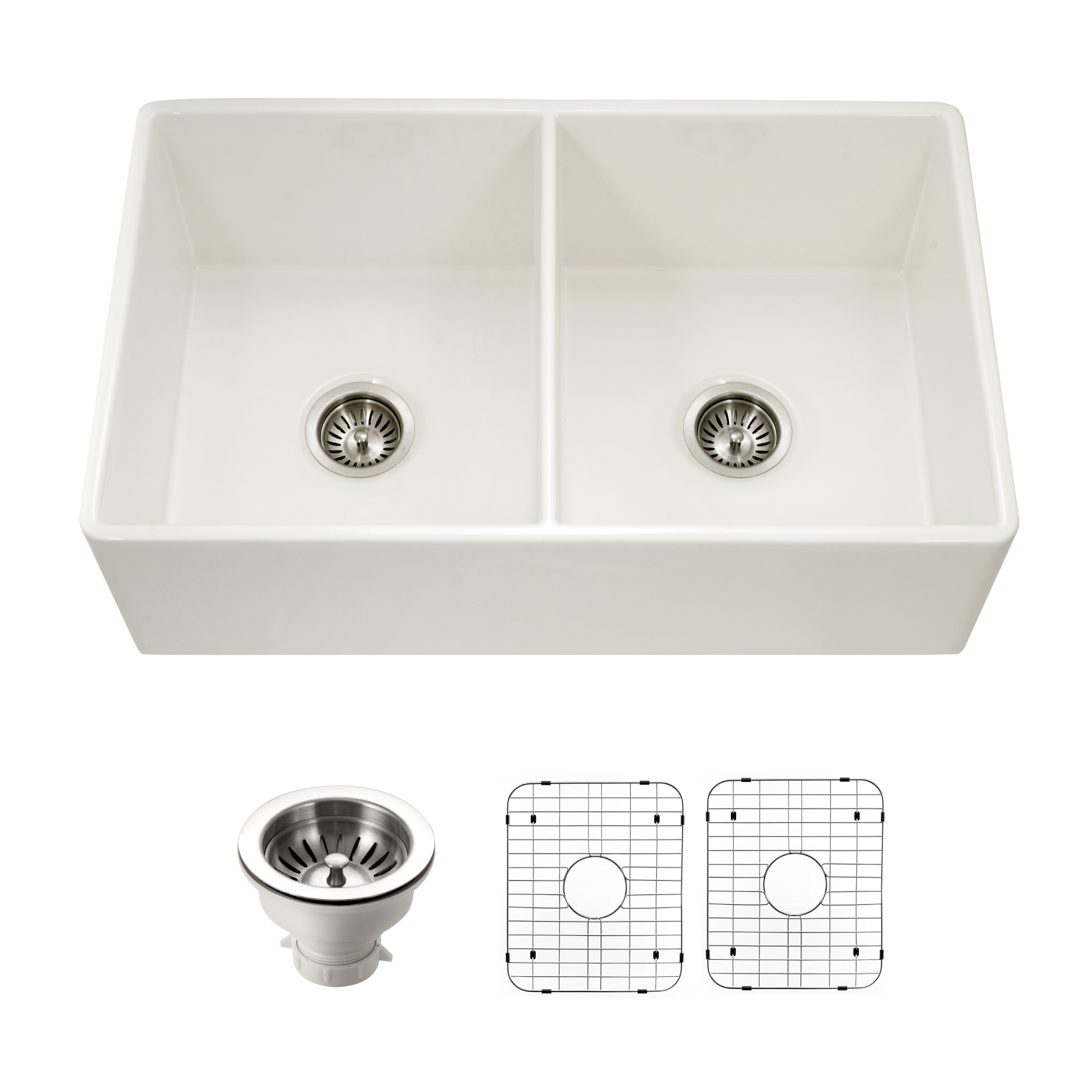 Houzer 33" Fireclay 50/50 Double Bowl Farmhouse Kitchen Sink, Biscuit, Platus Series, PTD-4400 BQ