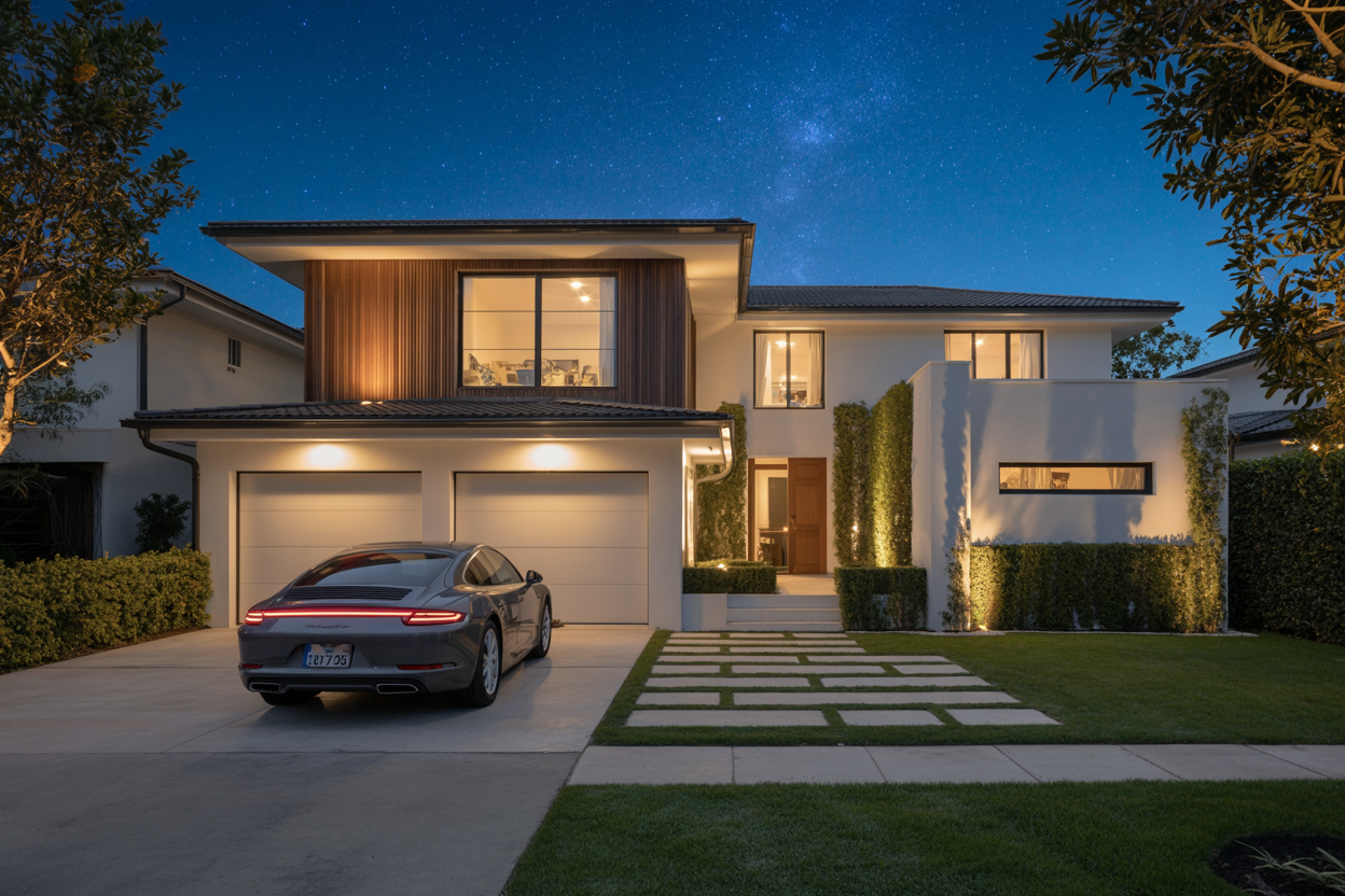 Contemporary home at dusk