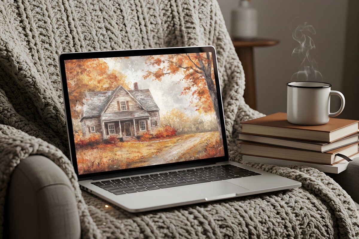 Quiet Farmhouse Autumn Leaves Desktop Wallpaper with autumn leaves on a farmhouse