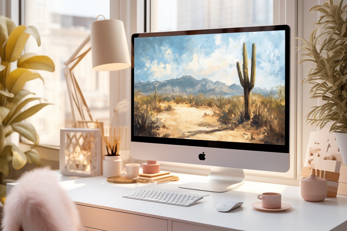 Desert's Elegant Symphony Desktop Wallpaper — impressionist cacti in earthy summer tones