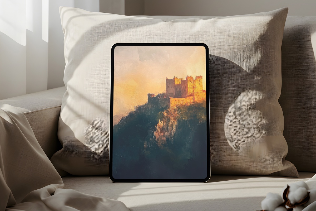 Castle Sunset Layers Vintage iPad Wallpaper - impressionist castle at sunset in soft amber and warm ochre