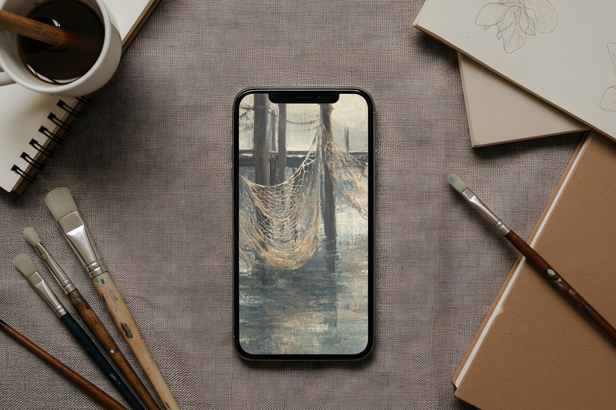 Quiet Dock Reflections coastal iPhone wallpaper — still water dock scene in silver-blue with mirror-like reflections