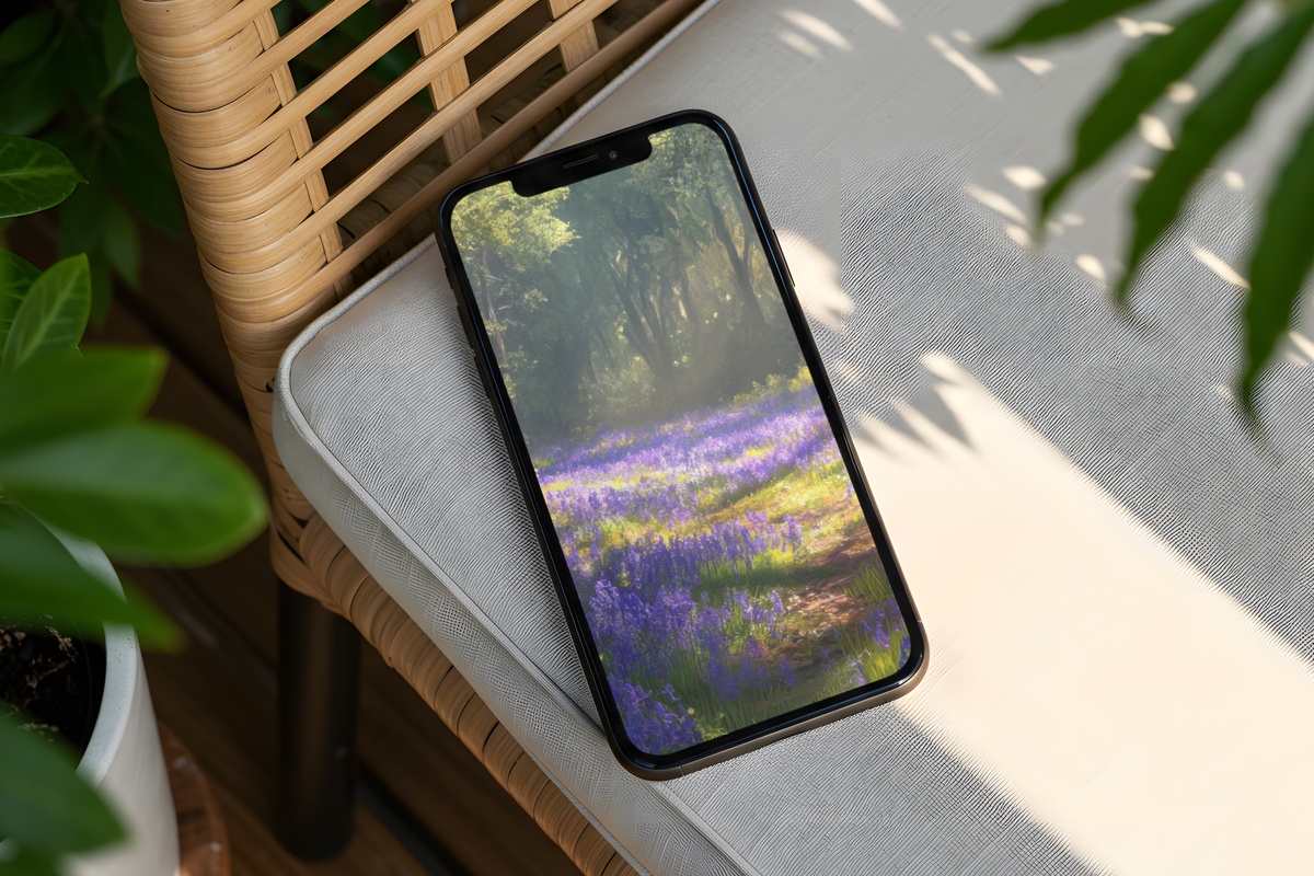 Woodland Bluebells in Tranquil Bloom iPhone Wallpaper - soft blue floral lock screen