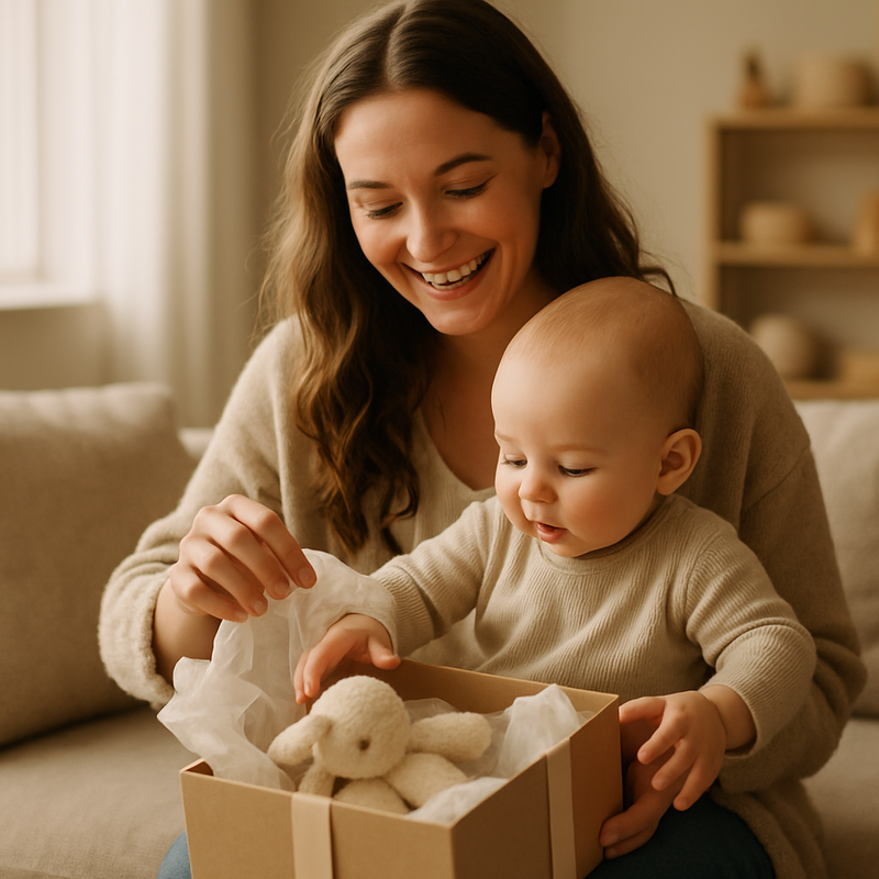 Mother holding her baby while opening a baby gift in a warmly lit living room Mother holding her baby while opening a baby gift in a warmly lit living room