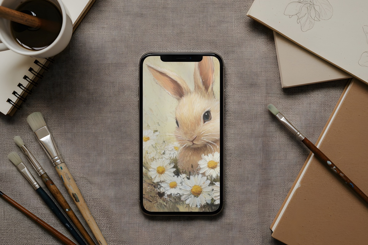 Daisy-Wreathed Bunny Charm Easter iPhone Wallpaper