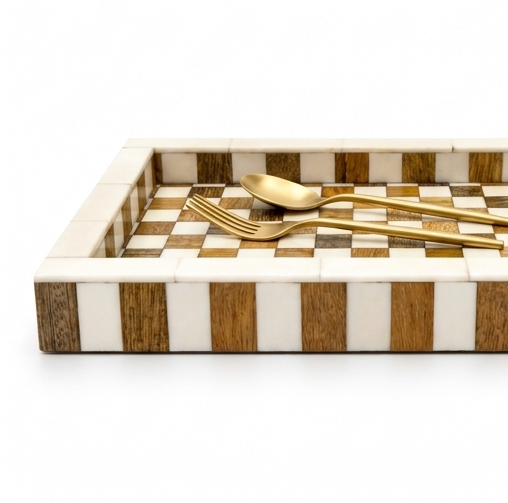 Handcrafted Mosaic Wooden Serving Tray with Ivory Inlay