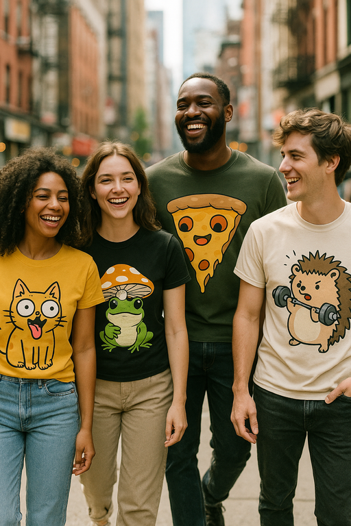 Diverse group wearing stylish funny graphic T-shirts in urban setting