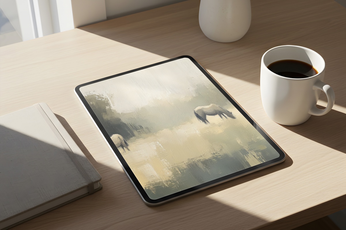 Wandering Equine Reverie vintage iPad wallpaper with serene equestrian tones