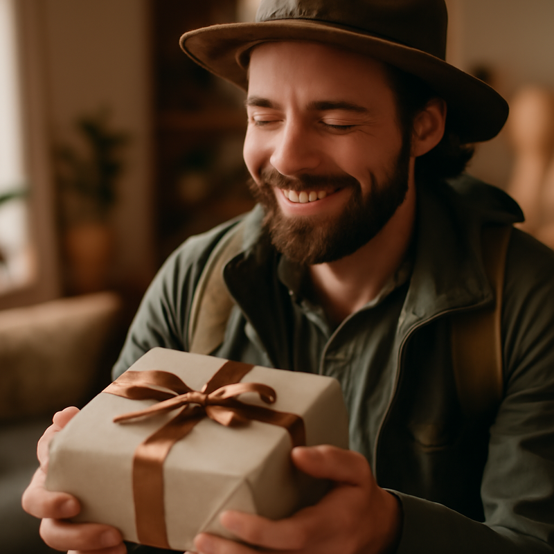 Uomo che riceve un regalo avvolto con nastro in casa, luce naturale calda, entusiasmo prima di un viaggio Uomo che riceve un regalo avvolto con nastro in casa, luce naturale calda, entusiasmo prima di un viaggio