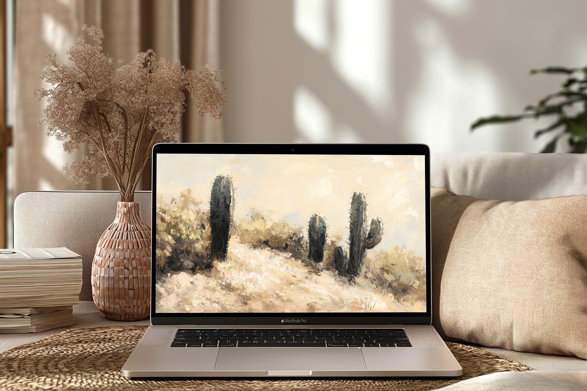 Cacti in Desert Textures impressionist landscape laptop wallpaper