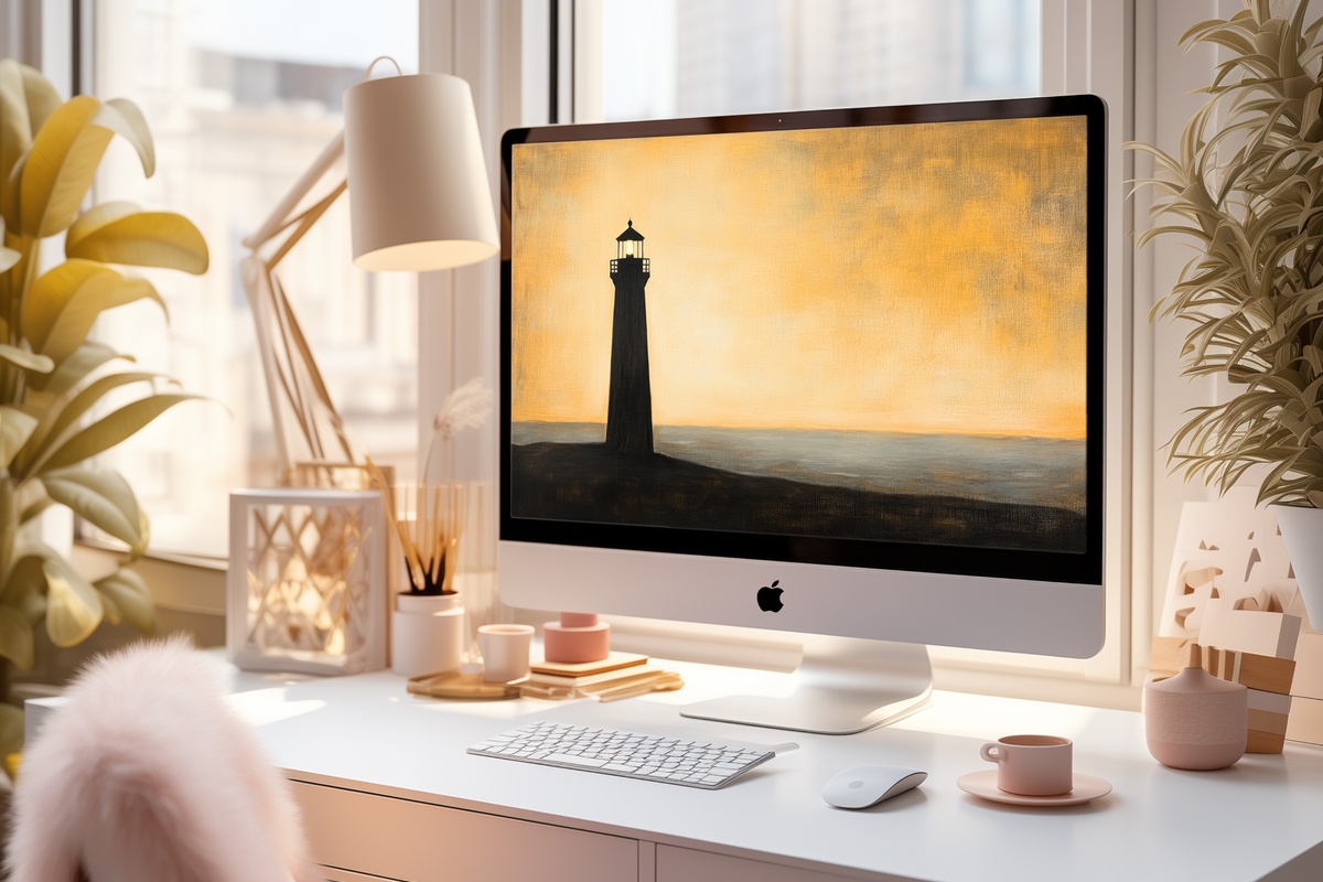 Lighthouse Beacon Silhouette Desktop Wallpaper with a lone lighthouse against a spare coastal sky