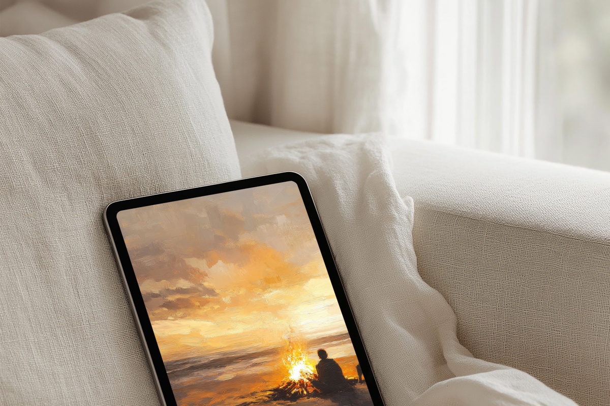 Evening Bonfire Bliss coastal iPad wallpaper with warm amber bonfire on shoreline