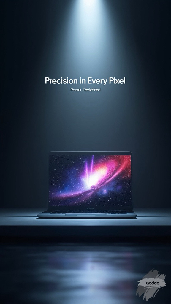 A razor-thin laptop illuminated by a single beam of light in a dark, minimalistic room. The screen glows with a vibrant display, reflecting off the polished surface of the desk. The text "Precision in Every Pixel" is written in sleek, bold letters at the top. The tagline "Power, Redefined" is placed below, emphasizing the combination of performance and design.