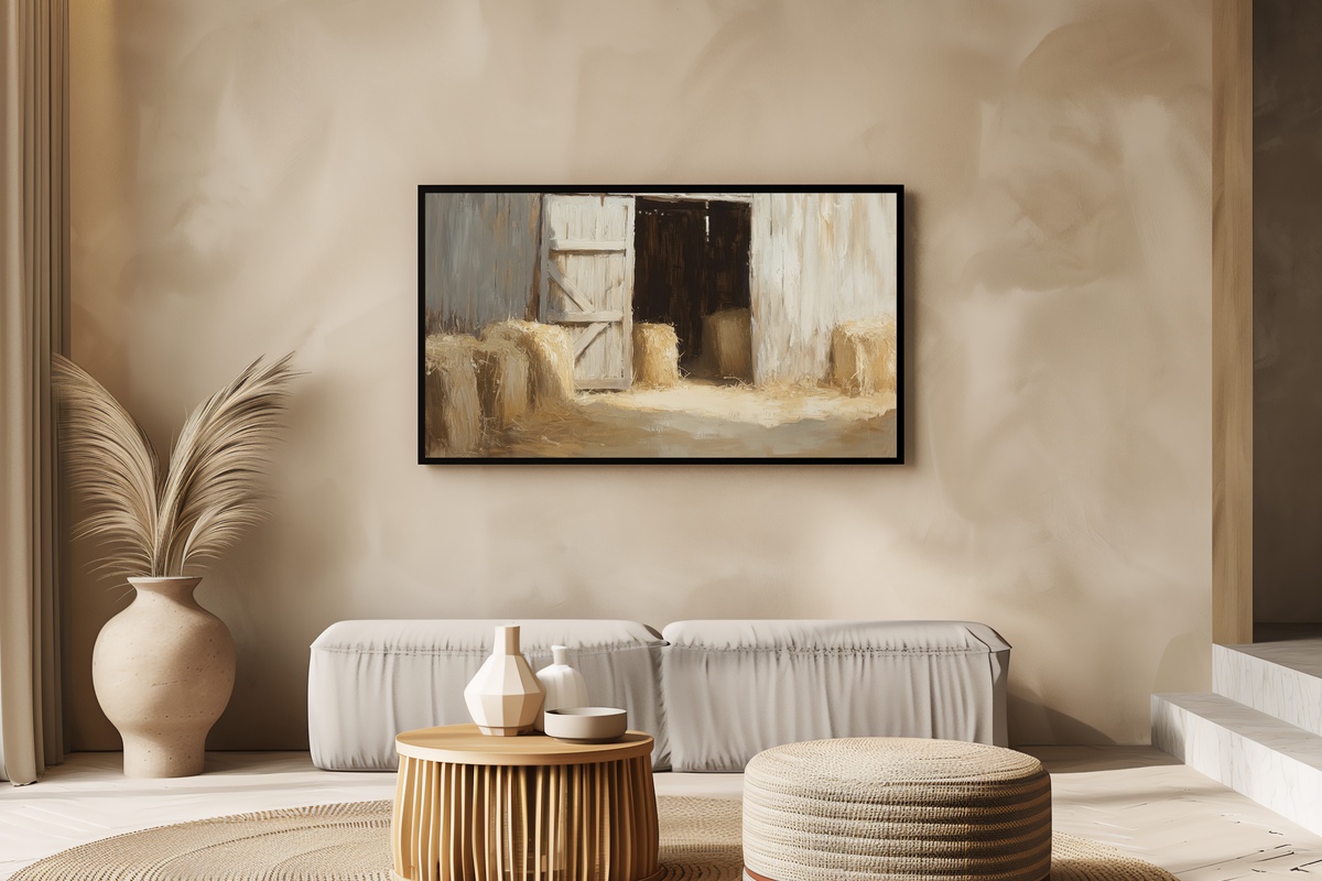 Hay-Lined Barn Door Charm Farmhouse Frame TV Art with impressionist barn doors and hay