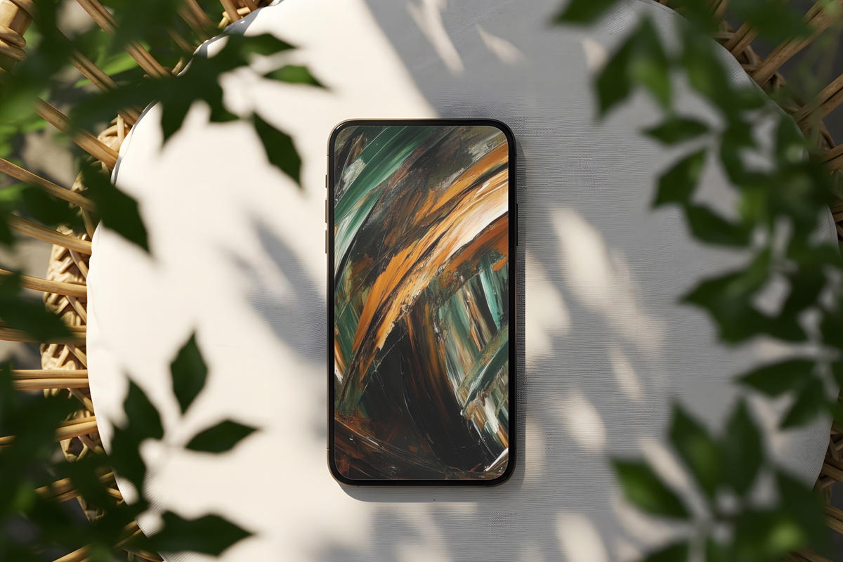 Earthy Horizon Whispers abstract iPhone wallpaper in soothing amber tones