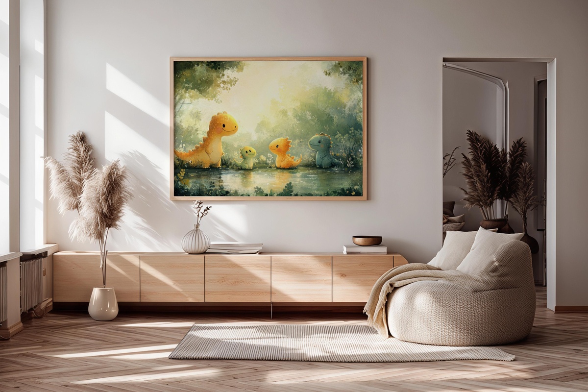 Whimsical Dinosaur Dreams Come Alive nursery printable wall art with cute dinosaur family