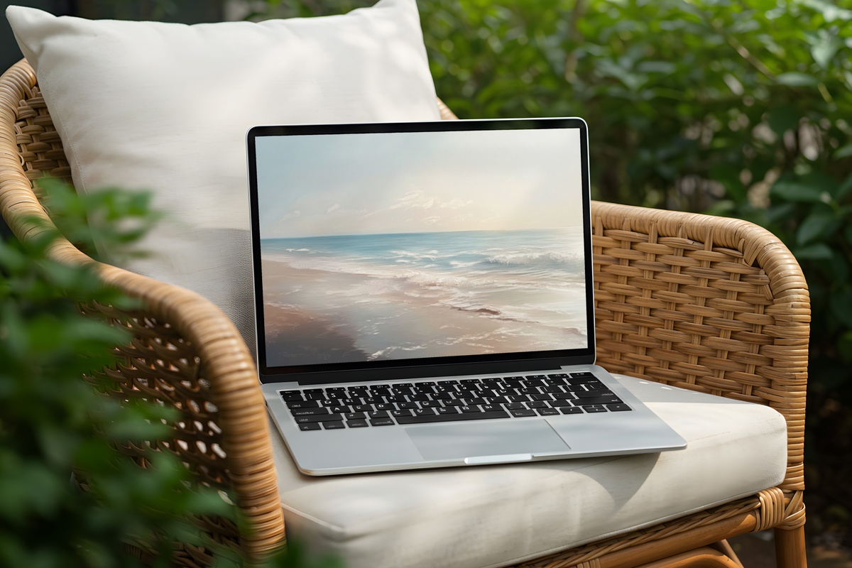 Gentle Waves in Sunlit Caress landscape desktop wallpaper with soft ocean light in warm aqua tones