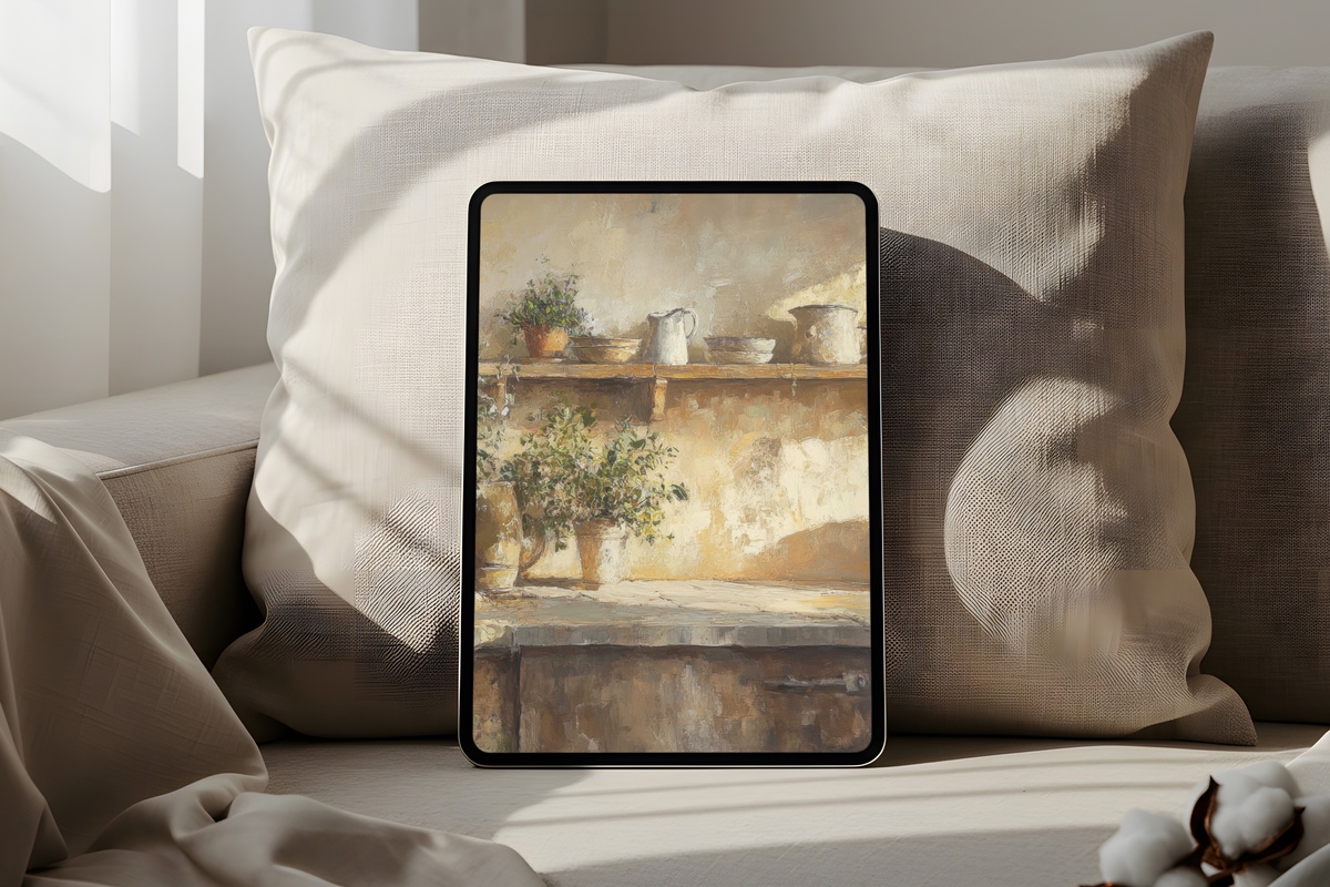 Fresh Herbs in Farmhouse Kitchen farmhouse iPad wallpaper with soft sunlight hues