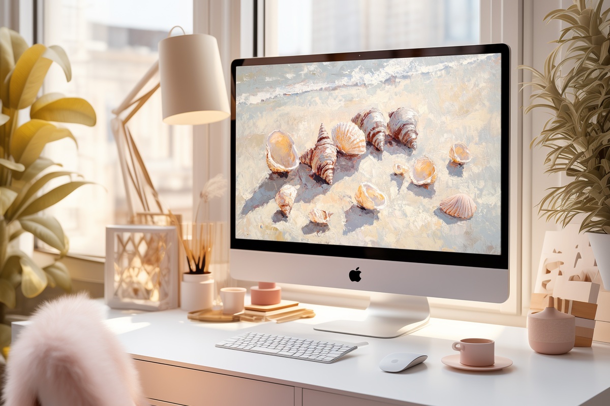 Sunny Shore's Harmony Desktop Wallpaper – impressionist seashells on a sunny shore