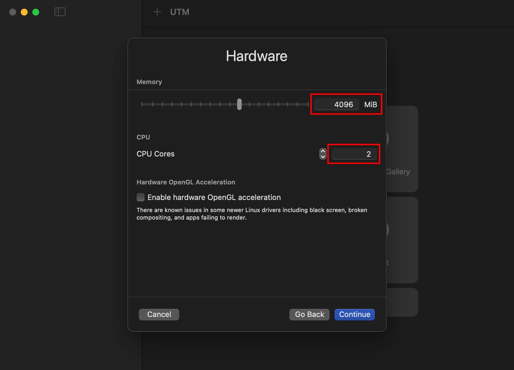 Hardware > Memory 4096 MiB, CPU Cores 2