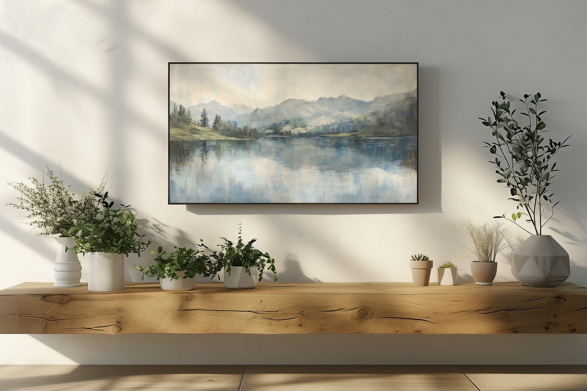 Reflective Mountain Lake Serenity Frame TV Art with impressionist mountain peaks mirrored in a calm alpine lake
