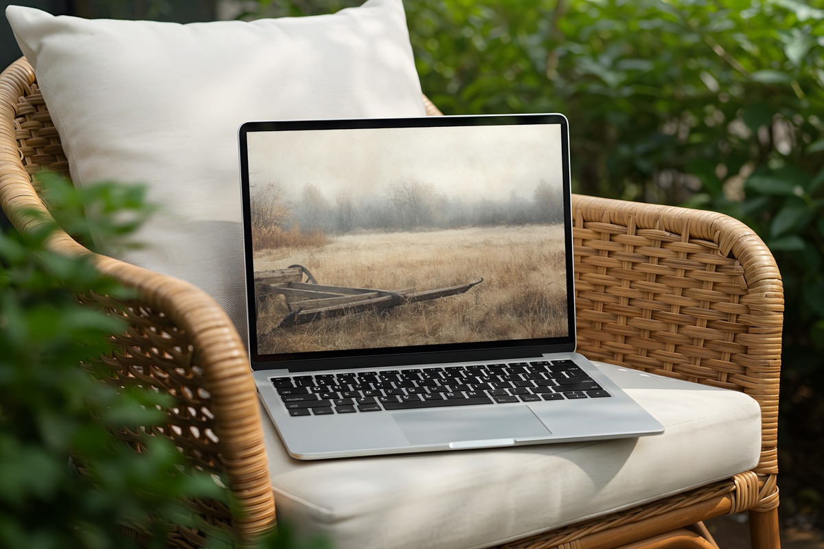 Field of Plow Antiques Farmhouse Desktop Wallpaper featuring antique plow in impressionist field scene