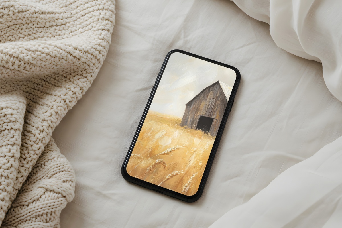 Impressionist Wheat Barn Splendor farmhouse iPhone wallpaper in creamy warm tones