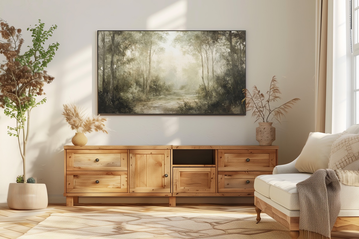 Misty Forest Veil Frame TV Art — mystical forest mist landscape