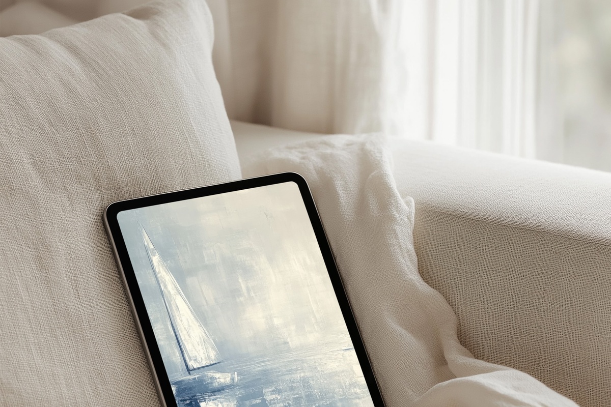 Sailing in Still Waters coastal iPad wallpaper — lone sailboat on glassy blue water under a serene open sky
