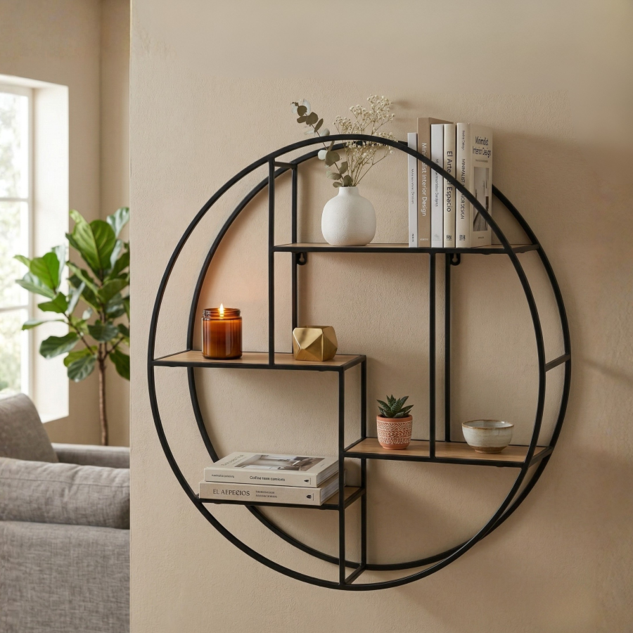 Repisa flotante hierro forjado/madera, 70x70x15cm