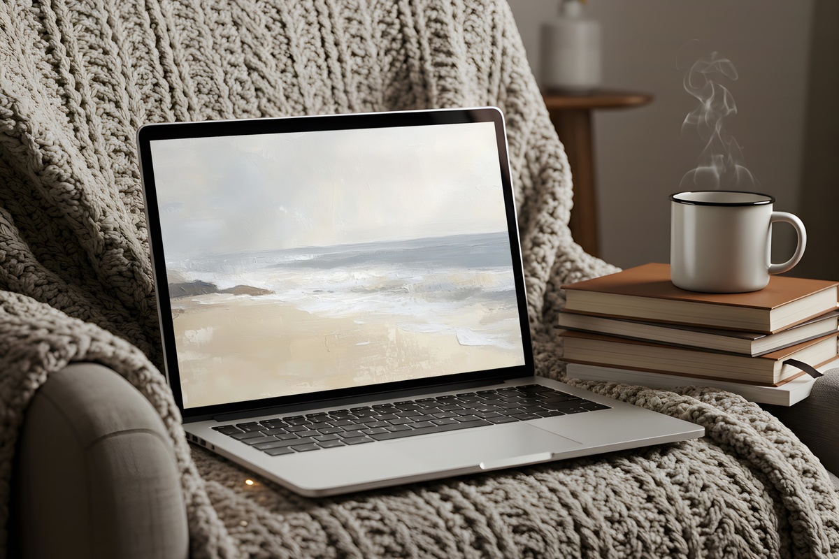 Serene Beach Whispers landscape desktop wallpaper in impressionist coastal style