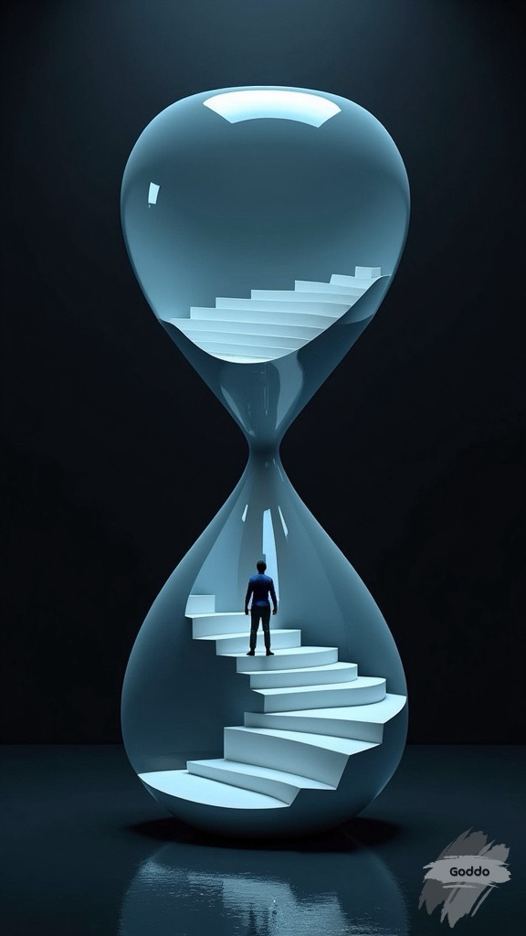 Sculptural hourglass silhouette with an open mind leading to stairs, a lone figure ascending, representing personal growth, against a stark black background, minimalistic, blue-white gradient lighting, surrealism, digital art