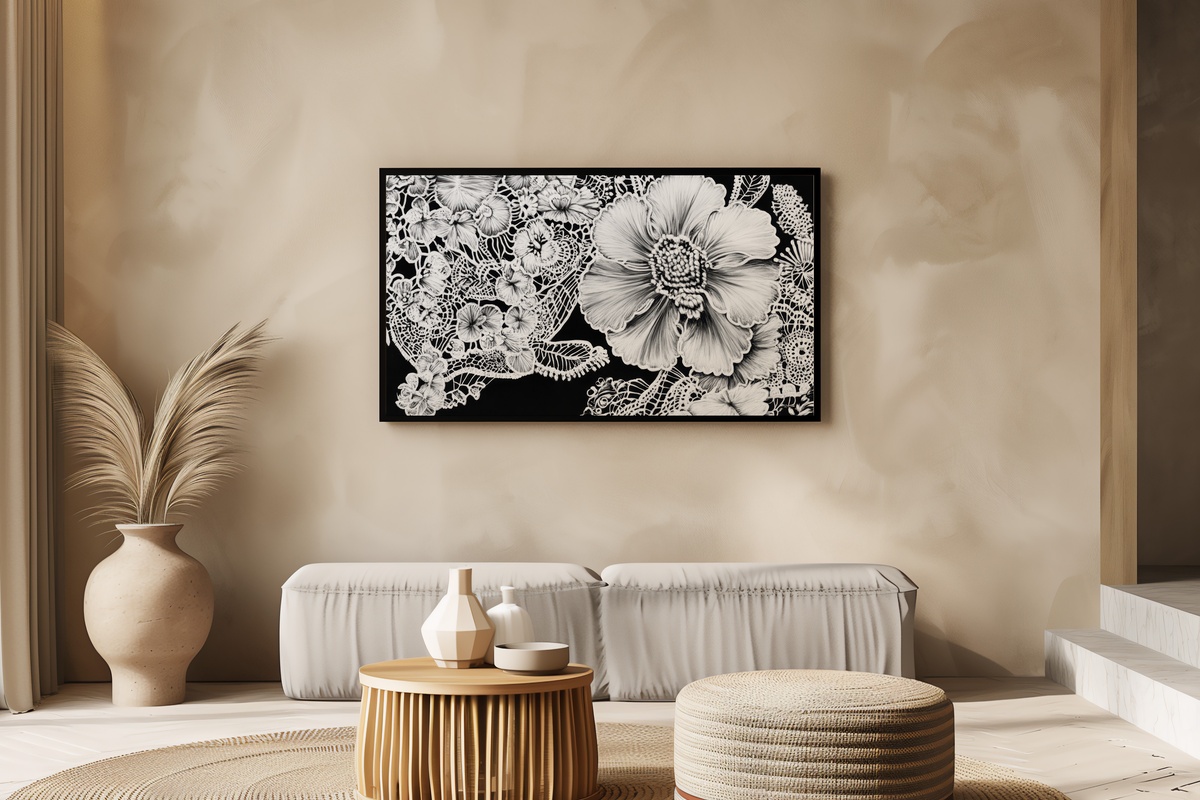 Intricate Lace Elegance Black and White Frame TV Art