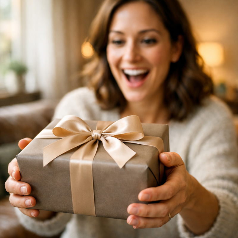 Persona feliz en casa recibiendo una caja de regalo cerrada con lazo, ideal para un creador de vídeos. Persona feliz en casa recibiendo una caja de regalo cerrada con lazo, ideal para un creador de vídeos.