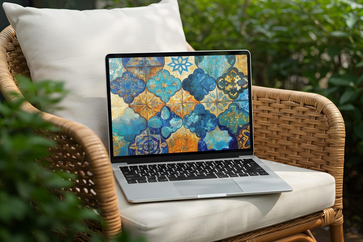 Moroccan Tile Whimsy Boho Laptop Wallpaper with vibrant geometric tile patterns