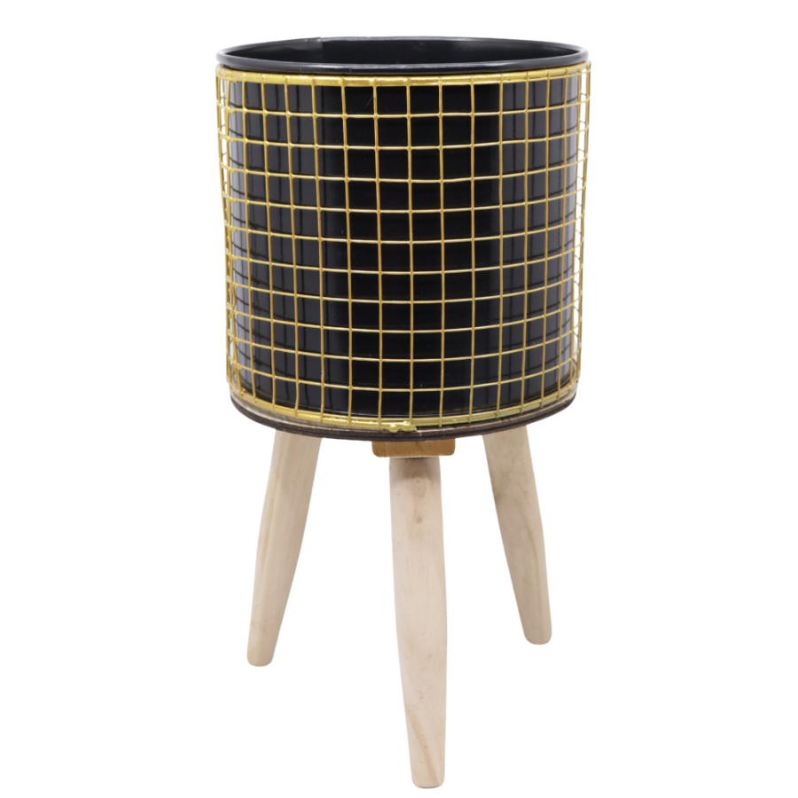 Macetero trípode metal/madera, 28x17cm
