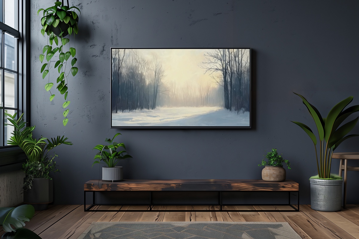 Frozen Dawn's Tranquil Glow Frame TV Art - frosty forest sunrise scene