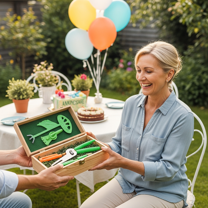 Femme recevant un cadeau de jardinage lors d’un anniversaire dans le jardin Femme recevant un cadeau de jardinage lors d’un anniversaire dans le jardin