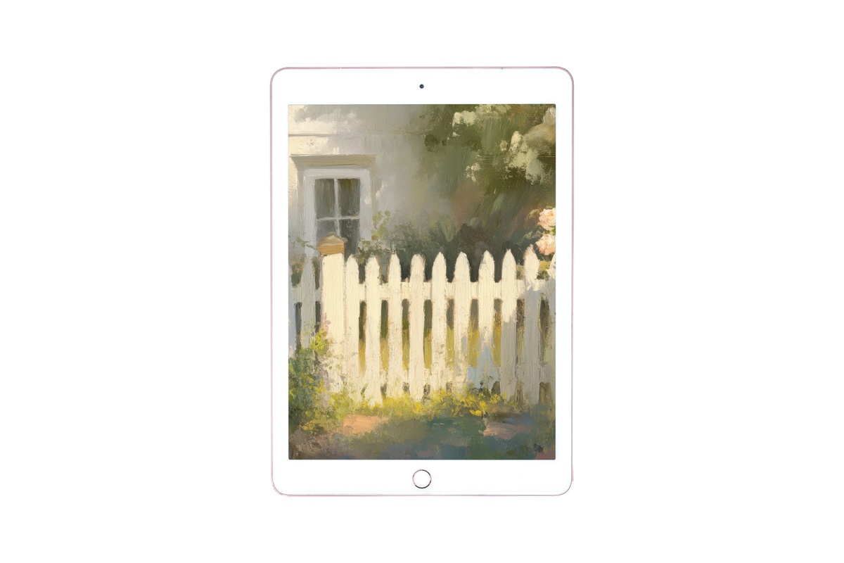 Picket Fence Garden Serenity farmhouse iPad wallpaper with soft blush tones