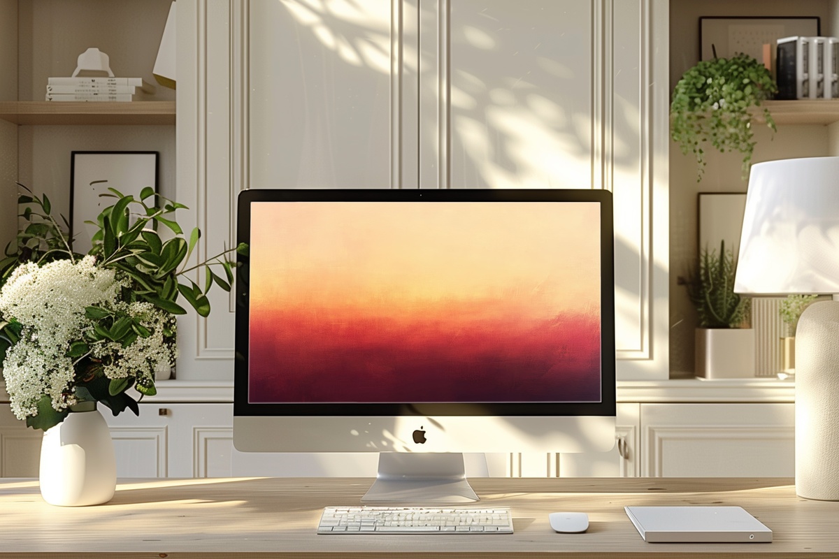 Sunset Hues Canvas Abstract Desktop Wallpaper — acrylic sunset tones in peach, blush, and warm violet