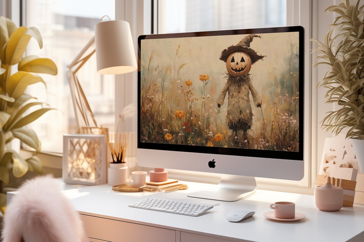 Scarecrow Amid Wildflower Whimsy Halloween Desktop Wallpaper