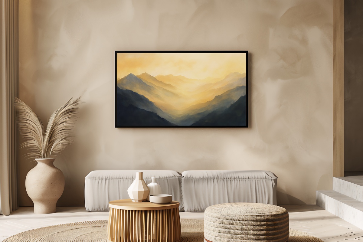 Sunrise Over Misty Elegance Frame TV Art featuring golden sunrise light over mist-covered mountain peaks